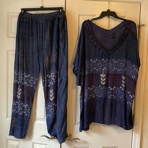 Greater good pants and blouse set   Navy with gold and sequins.  100%rayon
